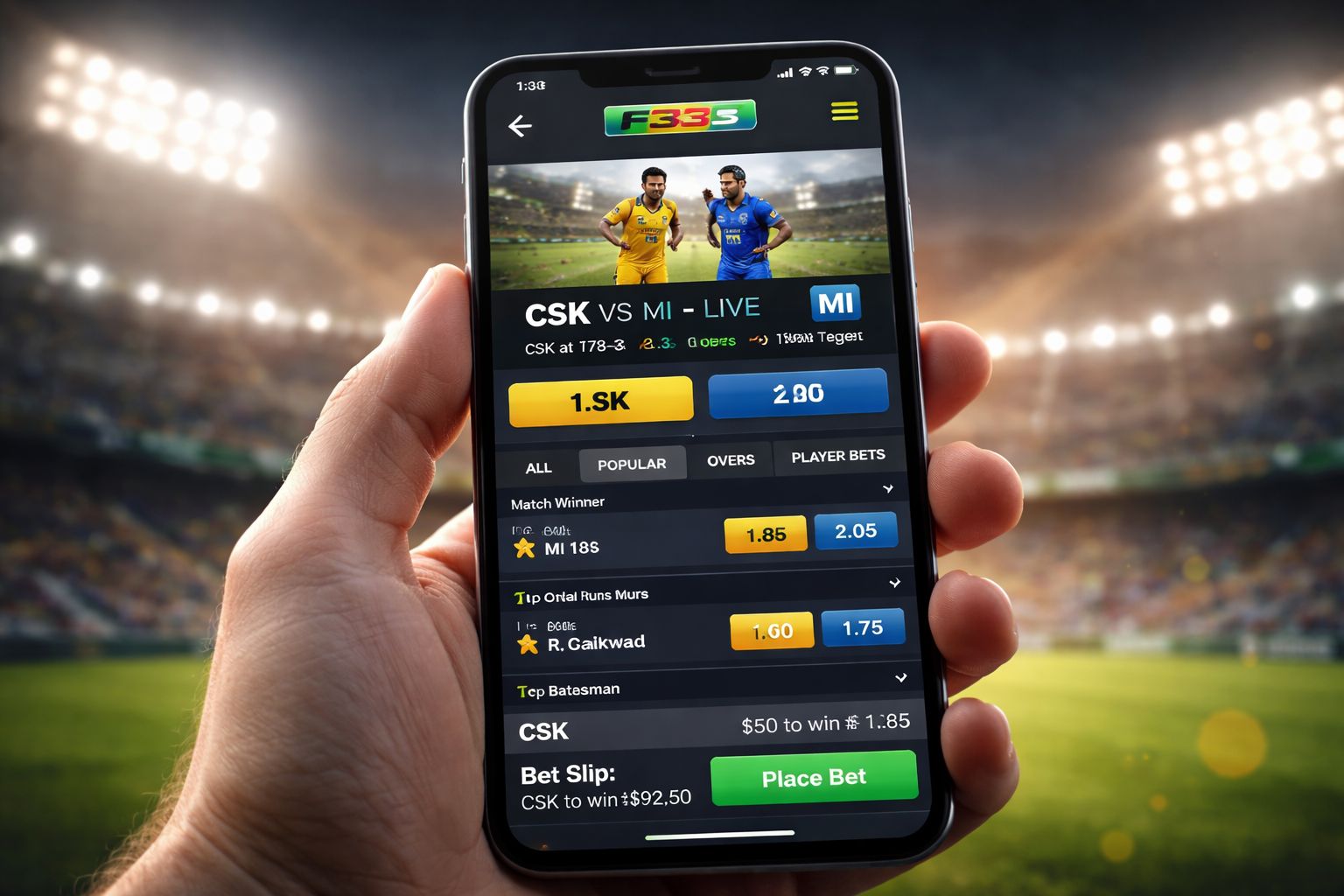 F333 mobile app running cricket live betting interface
