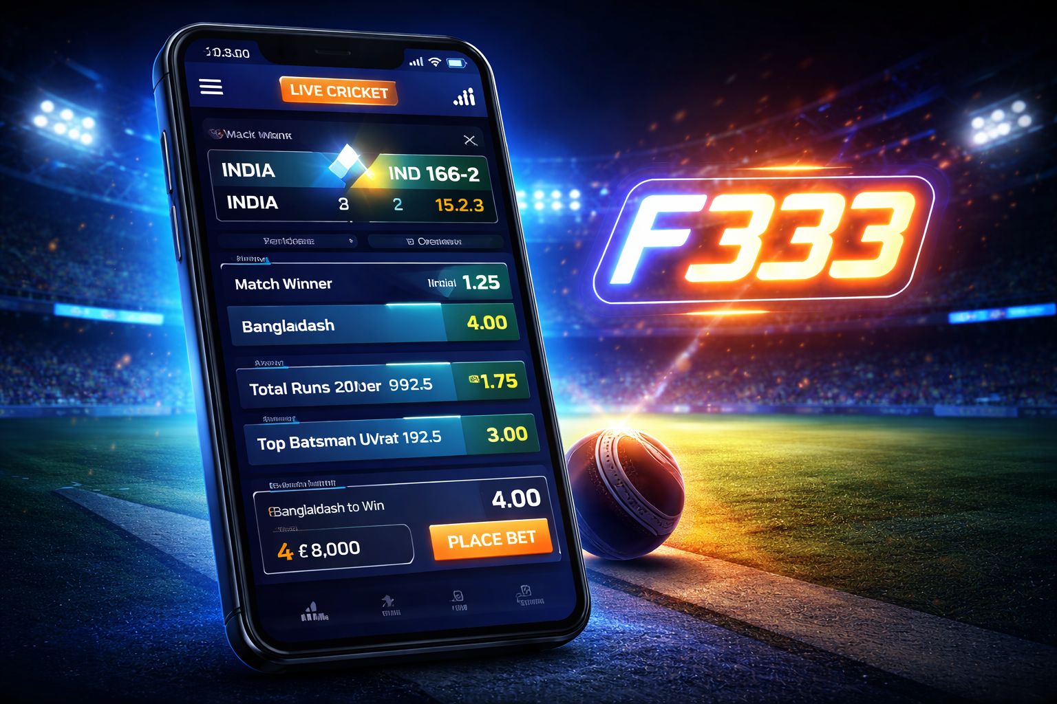 F333 sports betting — live cricket in-play markets on mobile screen
