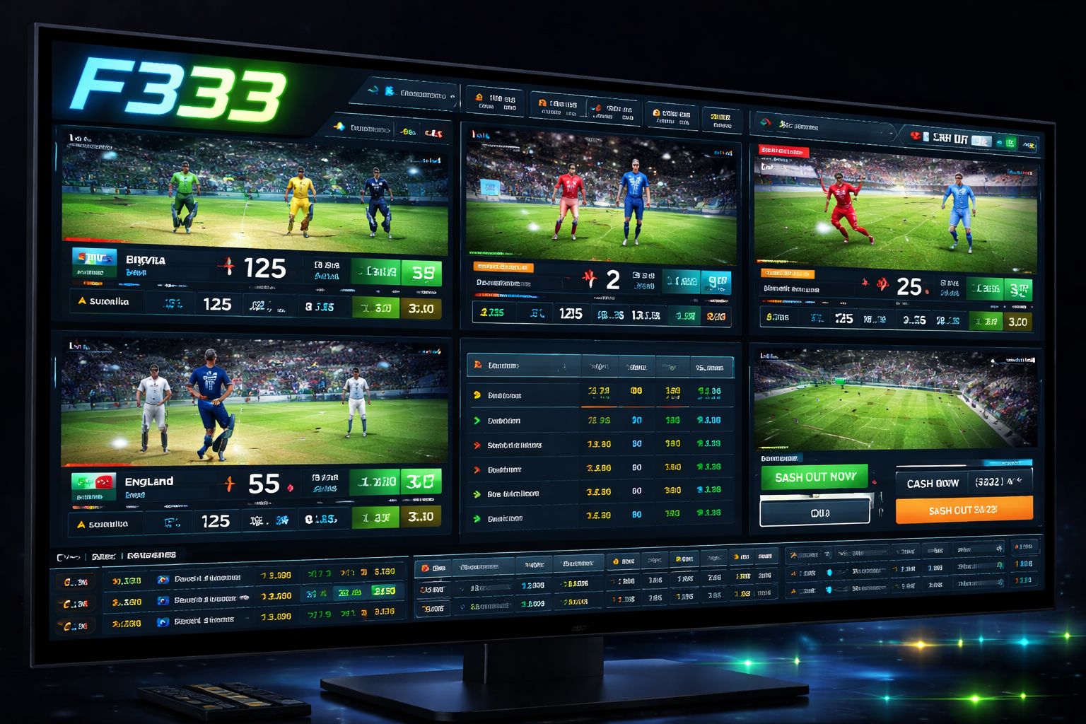 F333 live sports betting dashboard showing cricket and football in-play markets