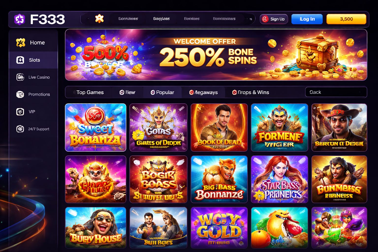 F333 Slots lobby with popular titles displayed